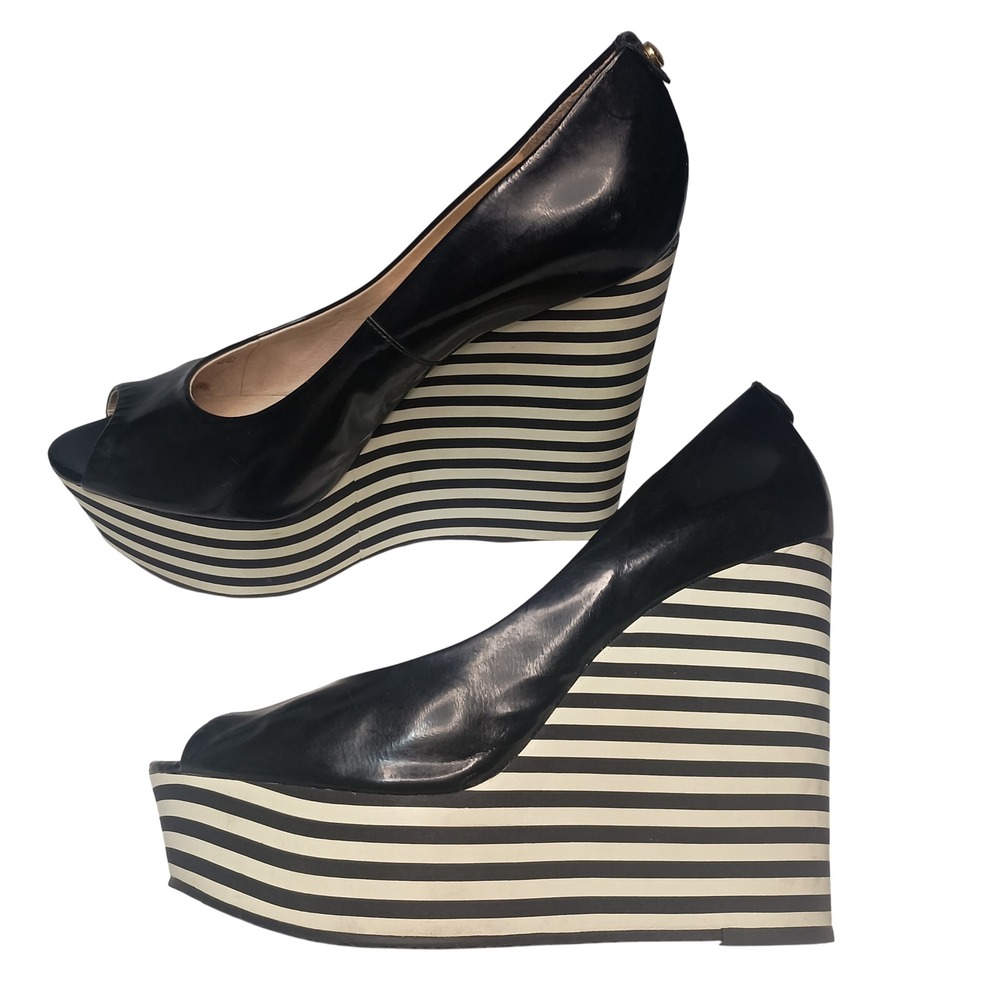 Michael Kors‎ Adalia Peep Black Patent Leather Stripe Detail Wedge Heels SKUW669 - Picture 6 of 7
